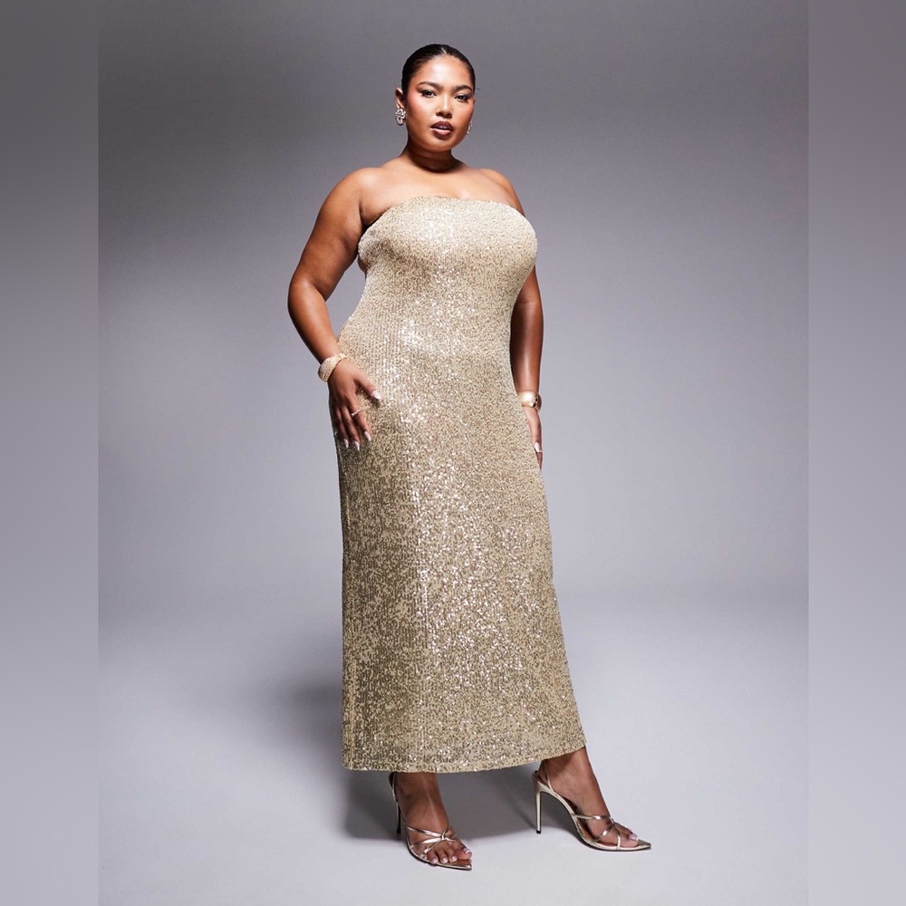 NWT ASOS DESIGN Curve sequin bandeau bodycon midi dress in gold Sz 14 kick split